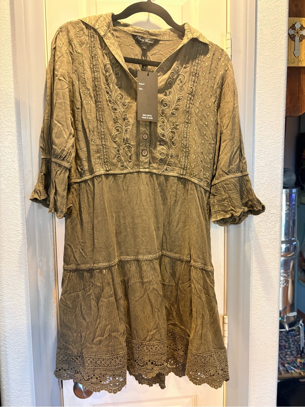 Boho Embroidered Olive Midi Dress with Lace Hem
